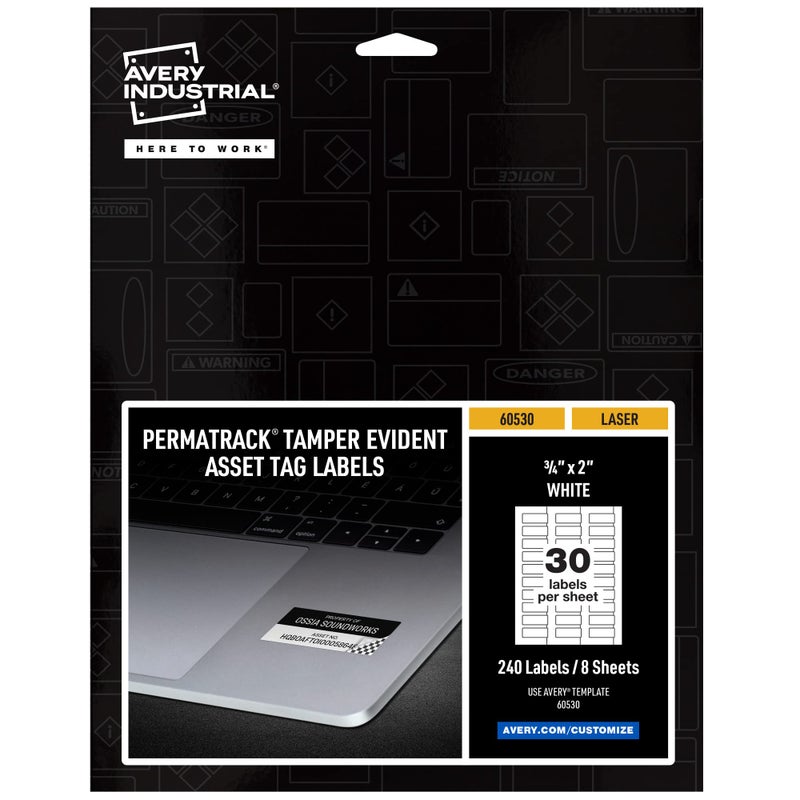 Avery White Asset Tag Labels, 3/4" x 2", Tamper-Evident Laser Printable Tags, 240 Waterproof Labels (60530) - Image 1
